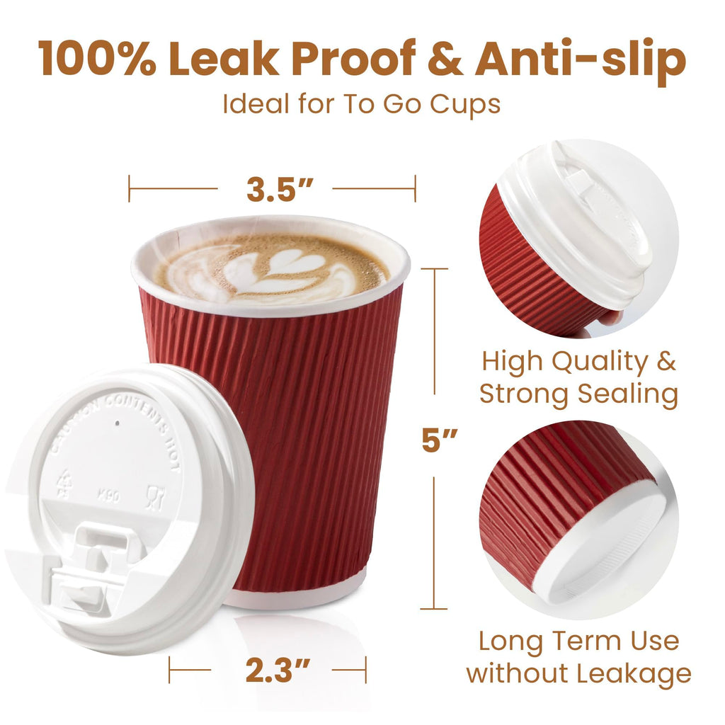 Fit Meal Prep 50 Pack 12 oz Red Disposable To Go Coffee Cups with White Lids - Triple Wall Corrugated Paper Cups for Hot Drinks, Parties & Holidays