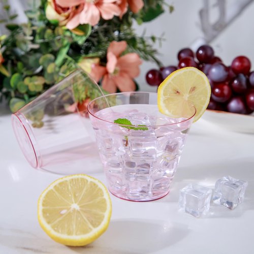 Ciaell 300PCS Clear Pink Plastic Cups - 9 Oz Heavy Duty Plastic Cups - Clear Party Cup Disposable Wine Cup for Parties & Weddings & Party & Easter