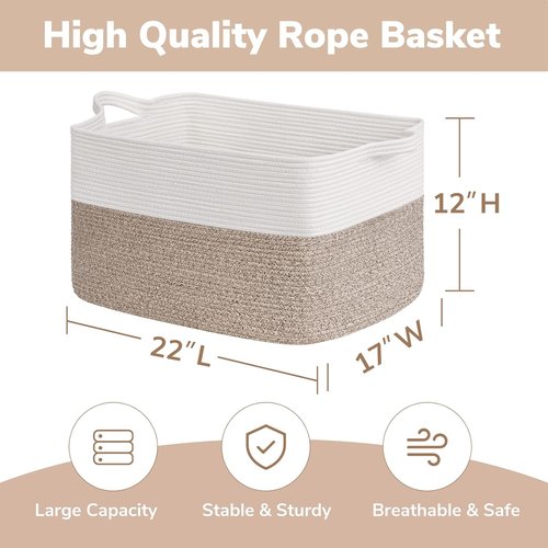 Goodpick Large Blanket Basket - Woven Cotton Rope Storage for Organizing | 22" x 17" x 12" | White & Brown