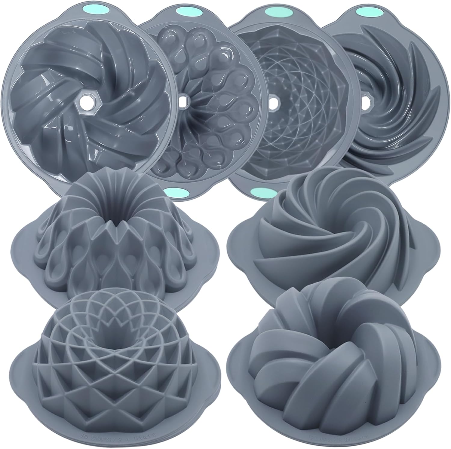Tongjude Silicone Fluted Cake Pans - Non-Stick 4-Piece Set for Baking Cakes & Jello | 6/7/8 Cups, Grey