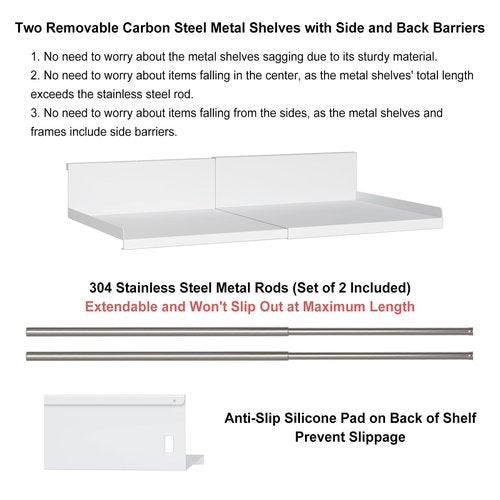 SHINEWON Expandable Under Cabinet Shelf Organizer with 0.94-Inch Thick Clips, Heavy Duty Extendable Under Shelf Storage Basket for Pantry or Laundry Room, White, 2 Pack, Interior: 4.13" H x 8.54" D