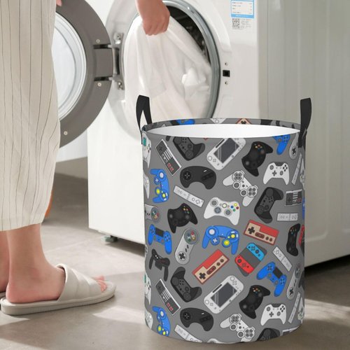 Jbofyee Video Game Grey Background Laundry Hamper Bag With Waterproof Liner - Gaming Theme Round Laundry Basket Foldable Clothes Storage Organizer For Bathroom Bedroom Nursery Dorm, S-16.5"X 13.8"