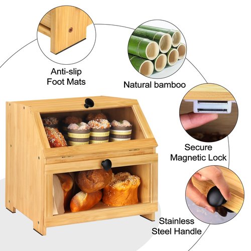 Bamboo Bread Box for Kitchen Countertop, Large Bread Storage Container Bin 2 Layer Breadbox Holder for Kitchen Counter, Cabinet, Pantry, Cupboard (Natural)