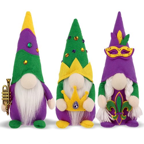 Aymolas Mardi Gras Gnomes Decorations - 3 Pack Gnomes Plush Handmade Scandinavian Tomte Gnome Decor for New Orleans Party Mantel Tiered Tray Table Decor Home Office Decorations