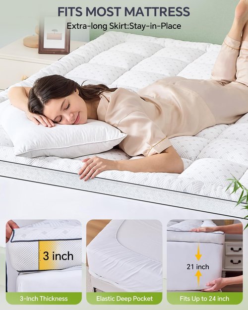 Qocismile 3 Inch Mattress Topper Queen,Pillow Top Mattress Topper with Bamboo Rayon Cover,Breathable Mesh Side Mattress Pad,21" Deep Pocket,Soft Support for Queen Size Memory Foam Mattress Bed Topper