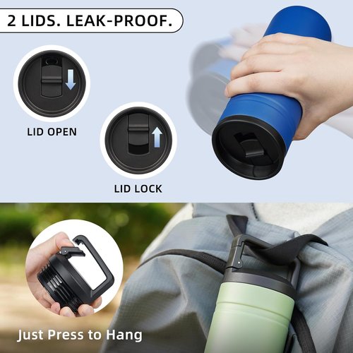 BJPKPK Insulated Water Bottle - 20 oz Double Wall Stainless Steel Travel Mug with 2 Lids | Sapphire Blue