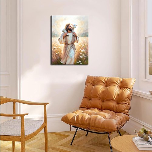 GKQNMU Jesus Carrying The Lamb Canvas Wall Art - Christ The Good Shepherd Decor | Ready To Hang for Living Room & Bedroom