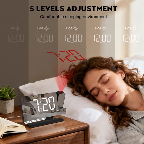 SZELAM Digital Clock,Alarm Clock Bedside with Projection,7.3" Mirror Clock with 180°Rotating Projector,Dual Alarm with 3 Mode,Brightnee Adjust,DST,Snooze,Charging Port,5 Levels Volume for Desk Teens