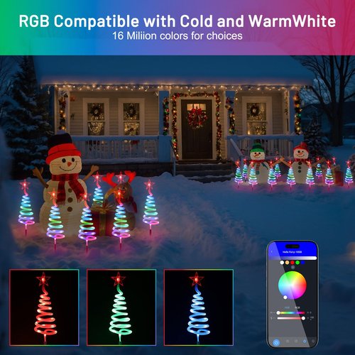 4 Pack Christmas Pathway Lights Outdoor, RGBW Smart Landscape Lights with APP & Remote Control, DIY Color Modes, Waterproof Connectable Yard Decor Lights with Music & Timer for Holiday Decorations