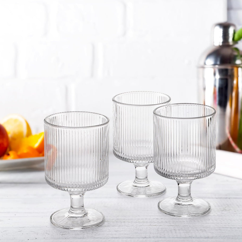 DEAYOU Set of 6 Ribbed Vintage Wine Glasses, 8 oz Clear Interlocking Ribbed Water Goblet Glasses, Unique Short Stem Cocktail Glasses for Iced Tea, Juice, Whiskey, Beer, Dessert, Party
