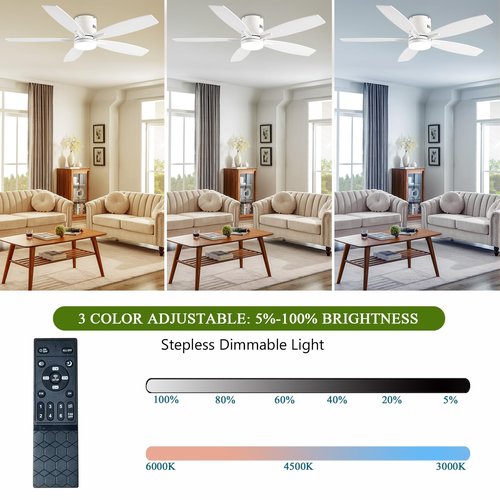 Ayaoty Ceiling Fans with Lights, 52" Low Profile Indoor Ceiling Fan with Light and Remote Control, Dimmable, Noiseless, Reversible, White Ceiling Fan for Bedroom, Indoor/Outdoor Use