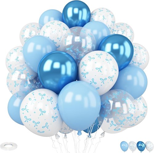 Blue Bow Balloons - 30 Pcs 12-Inch Blue & White Balloons for Bachelorette Party Decorations