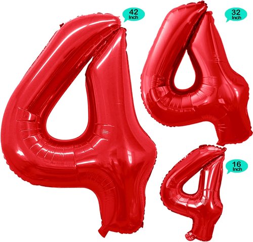 GOER Red Foil Number 4 Balloons - Huge 42" & 32" Birthday Party Decorations (3 Pack)