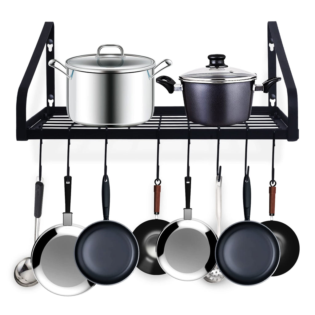 ZHOHO TANT Pot and Pan Hanger, Wall Mounted Pots and Pan Hanging Rack with 8 Hooks for Kitchen Cookware Utensils 2 DIY Methods Black Steel Hanging Pot Rack
