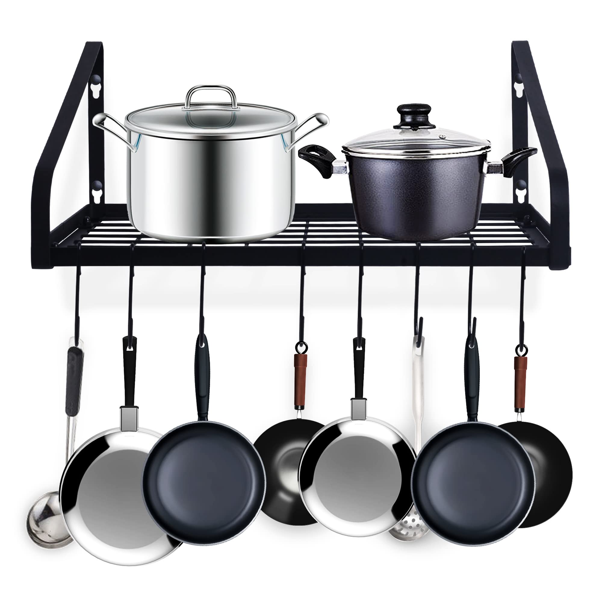 ZHOHO TANT Pot and Pan Hanger, Wall Mounted Pots and Pan Hanging Rack with 8 Hooks for Kitchen Cookware Utensils 2 DIY Methods Black Steel Hanging Pot Rack