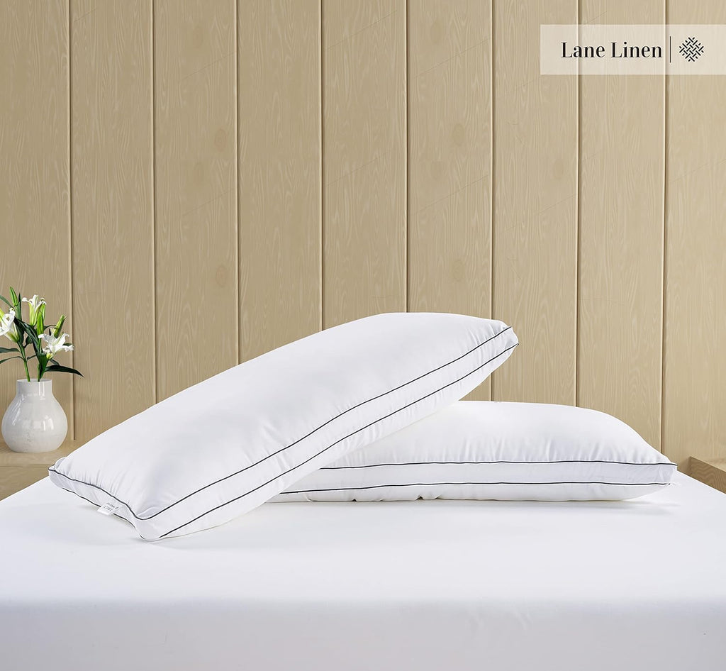 **LANE LINEN Standard Size Bed Pillows - Set of 2 Medium Soft Gusseted Down Alternative | Comfortable & Machine Washable - White**