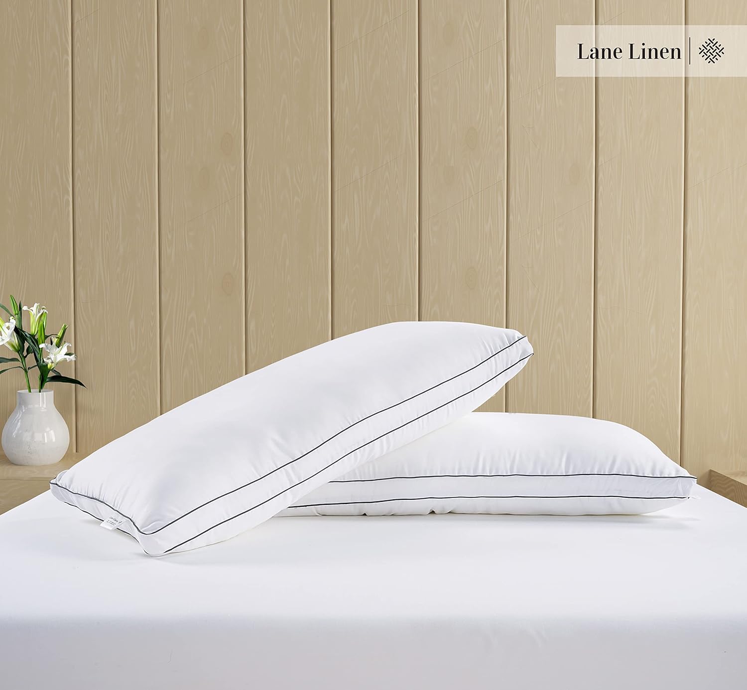 **LANE LINEN Standard Size Bed Pillows - Set of 2 Medium Soft Gusseted Down Alternative | Comfortable & Machine Washable - White**