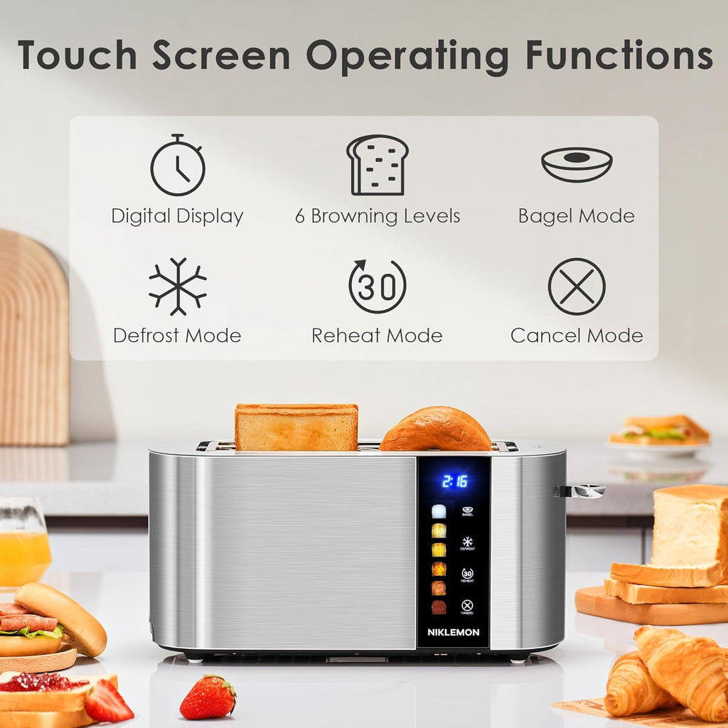 NIKLEMON Stainless Steel 4-Slice Toaster - LED Display, Touch Buttons, Extra Wide Slots, 1300W