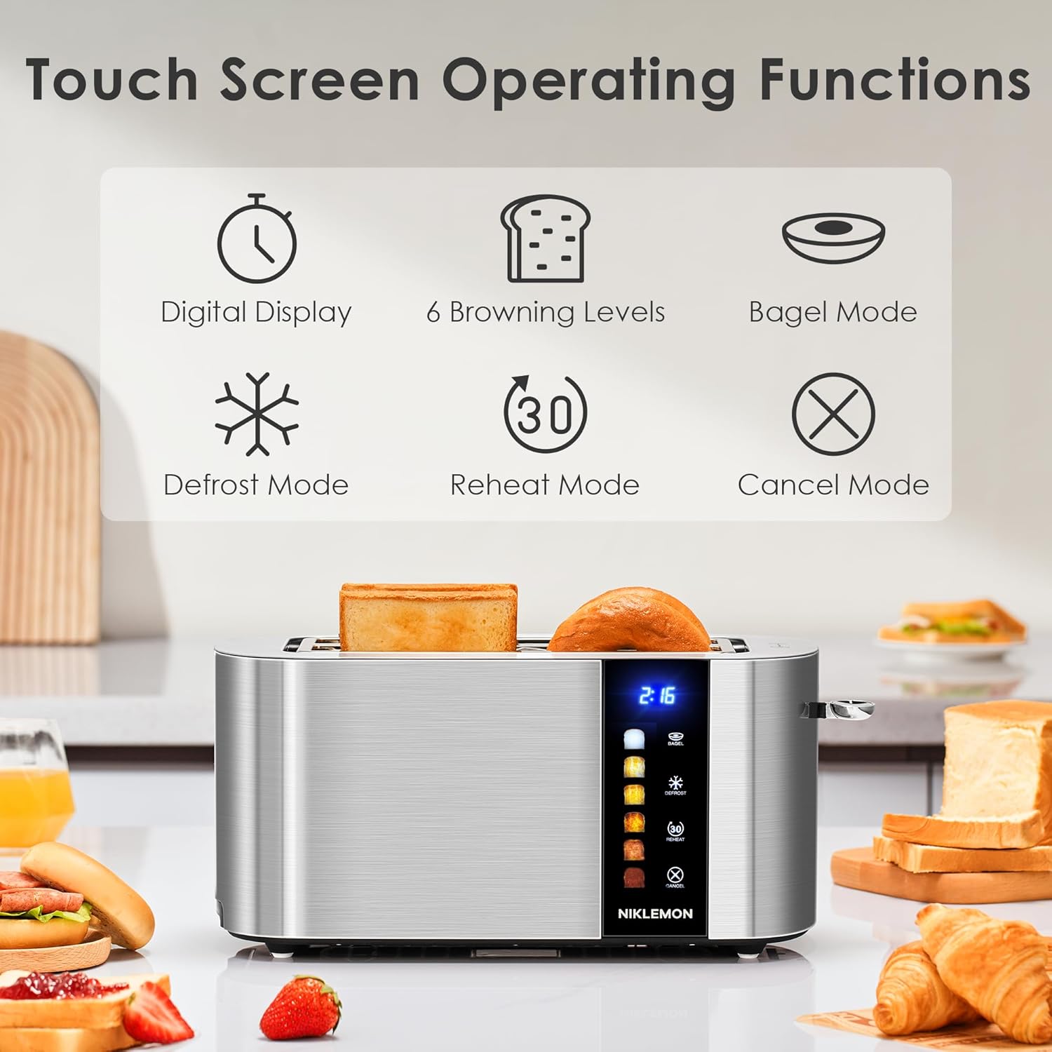 NIKLEMON Stainless Steel 4-Slice Toaster - LED Display, Touch Buttons, Extra Wide Slots, 1300W
