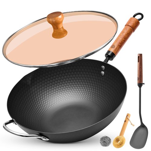 WANGYUANJI Flat Bottom Wok Pan, 12.6 Inch Carbon Steel Stir Fry Pan with Lid, Uncoated Heavy Duty Iron Woks for Cooking, Compatible with Induction Gas Electric Stovetops, Deep Frying Skillet Cookware
