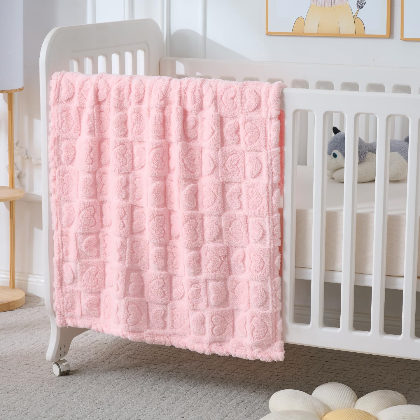 Skiennix Baby Blankets - Cozy Fleece Heart Checkered Crib Blankets for Girls | 30x40 Light Pink