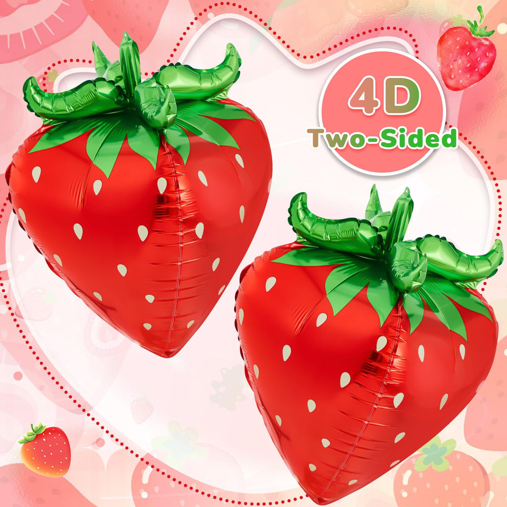 PullCrease 6 Pcs 4d Strawberry Balloons 29 Inch Giant Cute Strawberry Foil Balloons Shortcake Decorations for Sweet Berry Fruit Themed First Birthday Party Decorations Supplies Favors (Red)