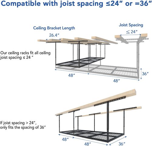FLEXIMOUNTS 3x8 Overhead Garage Storage Rack - Adjustable Heavy-Duty Metal | 750lbs Capacity, Black