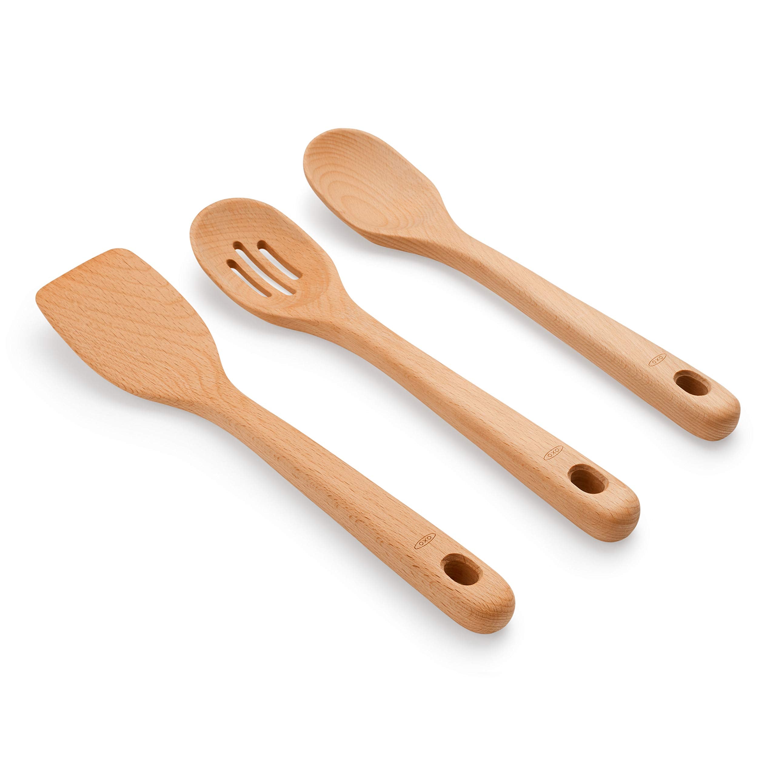 OXO Good Grips 3‑Piece Wooden Utensil Set, Solid Beachwood Spoon, Slotted Spoon and Turner