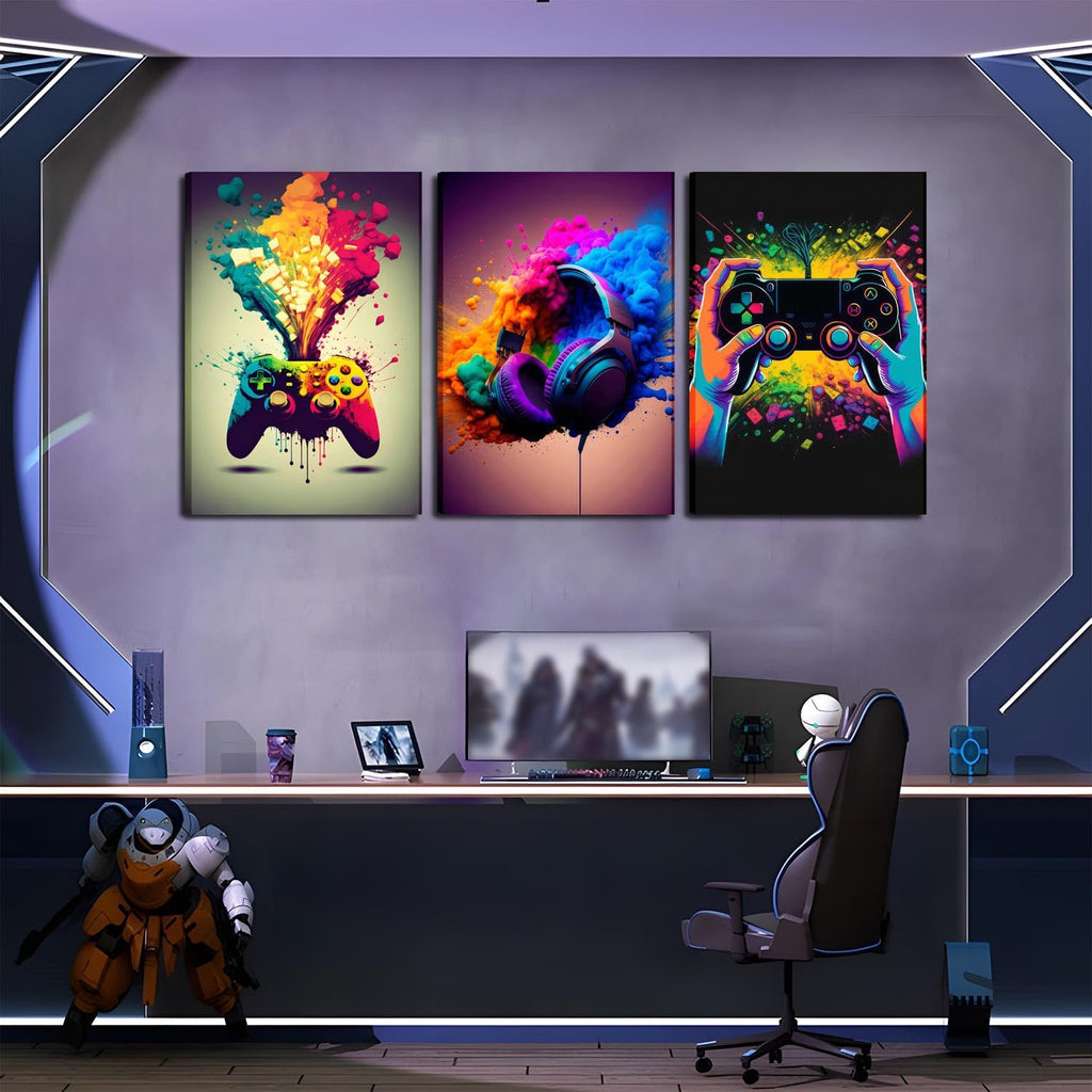 Skiennix Gaming Room Decor - Set of 3 Framed Canvas Posters for Boys' Bedrooms | 16x24 in