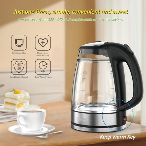 NISVITU Glass & Stainless Steel Cordless Electric kettle for boiling water, Hot water boiler Electric Tea Kettle automatic shut off Boil-Dry Protection, PC Outer + Glass Inner, 1500W, 1.7L, BK
