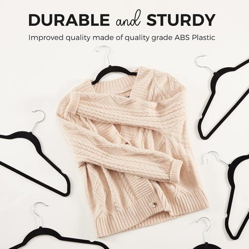HOUSE DAY Premium Velvet Hangers - 50 Pack Black Non-Slip Flocked Felt | Sturdy 360° Rotatable Hook