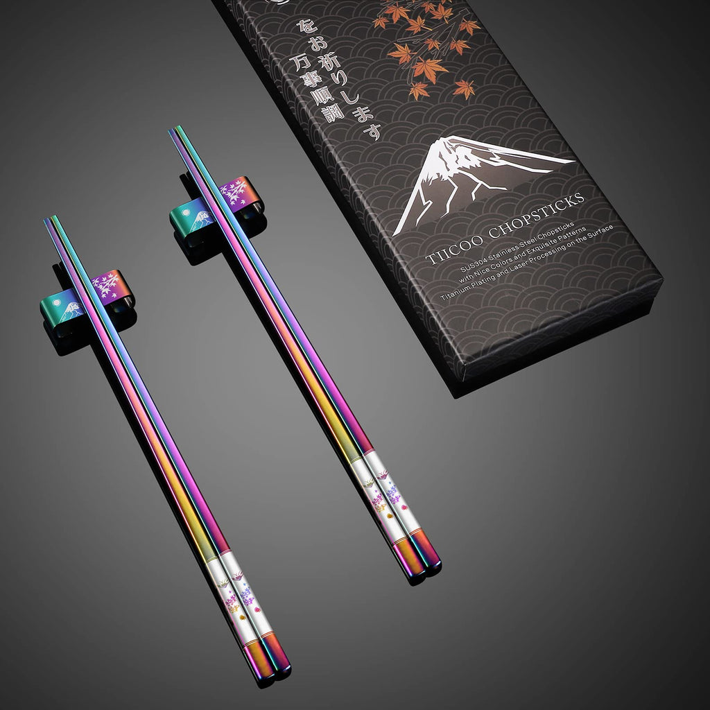 TIICOO Metal Chopsticks Reusable 2 Pairs Titanium Plated 18/8 Stainless Steel Chopsticks with Holder, Dishwasher Safe Non-Slip Japanese Style Laser Engraved Chop Sticks Gift Set (Rainbow)