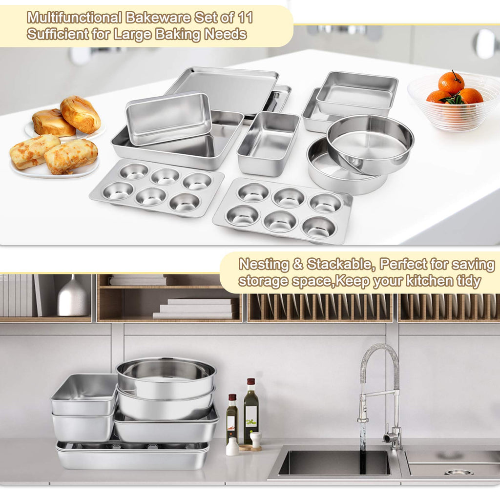 TeamFar Stainless Steel Bakeware Set of 11, Toaster Oven Baking Pan Set, Lasagna Pan, Square & Round Cake Pan, Loaf Pan & Muffin Pan, Healthy & Heavy Duty, Dishwasher Safe & Smooth