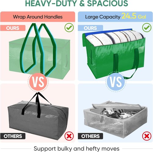 BALEINE Heavy-Duty Oversized Moving Bags - 4-Pack with Reinforced Handles for Clothes & Storage (Light Green)
