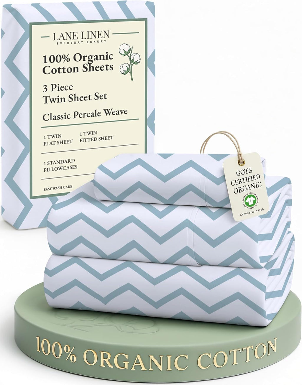 **LANE LINEN 100% Organic Cotton Twin Bed Sheets - Naturally Cooling, Deep Pocket, Eco-Friendly Chevron Design**