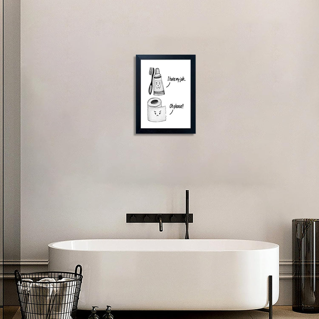 Regine Switzerland Kids Bathroom Wall Decor - Framed Black and White Print with Funny Toilet Paper & Toothbrush Artwork