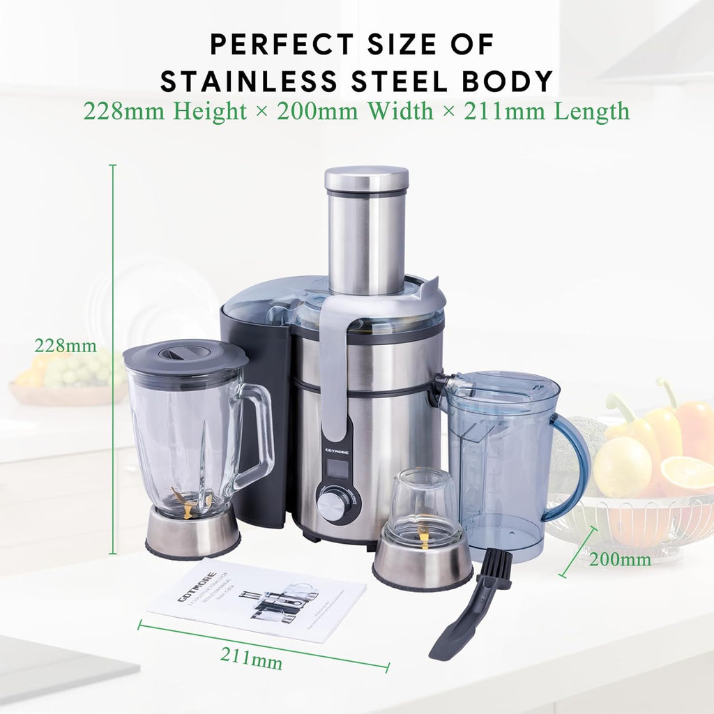 Skiennix Juicer Machine - 3 in 1 Blender & Grinder Combo | 1300W Centrifugal Juice Extractor with LCD Screen, Easy to Clean
