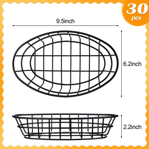 Yiyiring 30 Pcs Black Wire Bread Basket 9.5 x 6.2 x 2.2 Inch Oval Metal Dinner Roll Baskets for Serving Fruit Bowl Storage with 150 Sheets Deli Wrappers Paper for Kitchen Table Fast Food