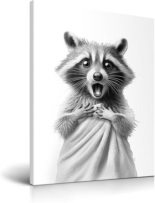 HesenDot Raccoon Wall Art - Funny Black and White Bathroom Canvas Print | 12x16in Cute Decor