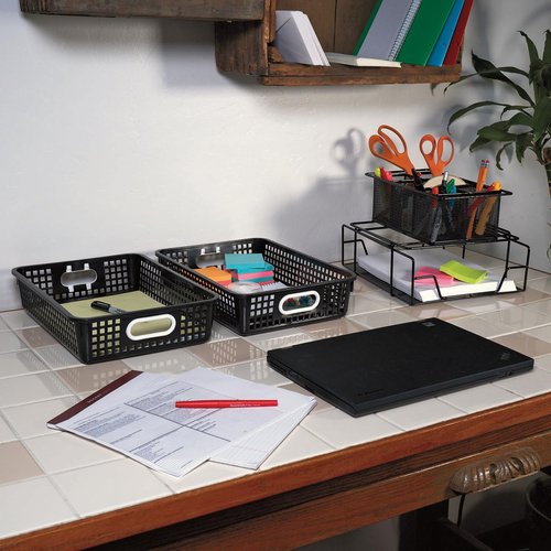 Really Good Stuff Small Plastic Paper Baskets, 14" x 10" x 3.25", 12 Pack, Black, Plastic Mesh Baskets for Classroom, Home, and Office, Fits A4 Paper, Documents, Files, Magazines