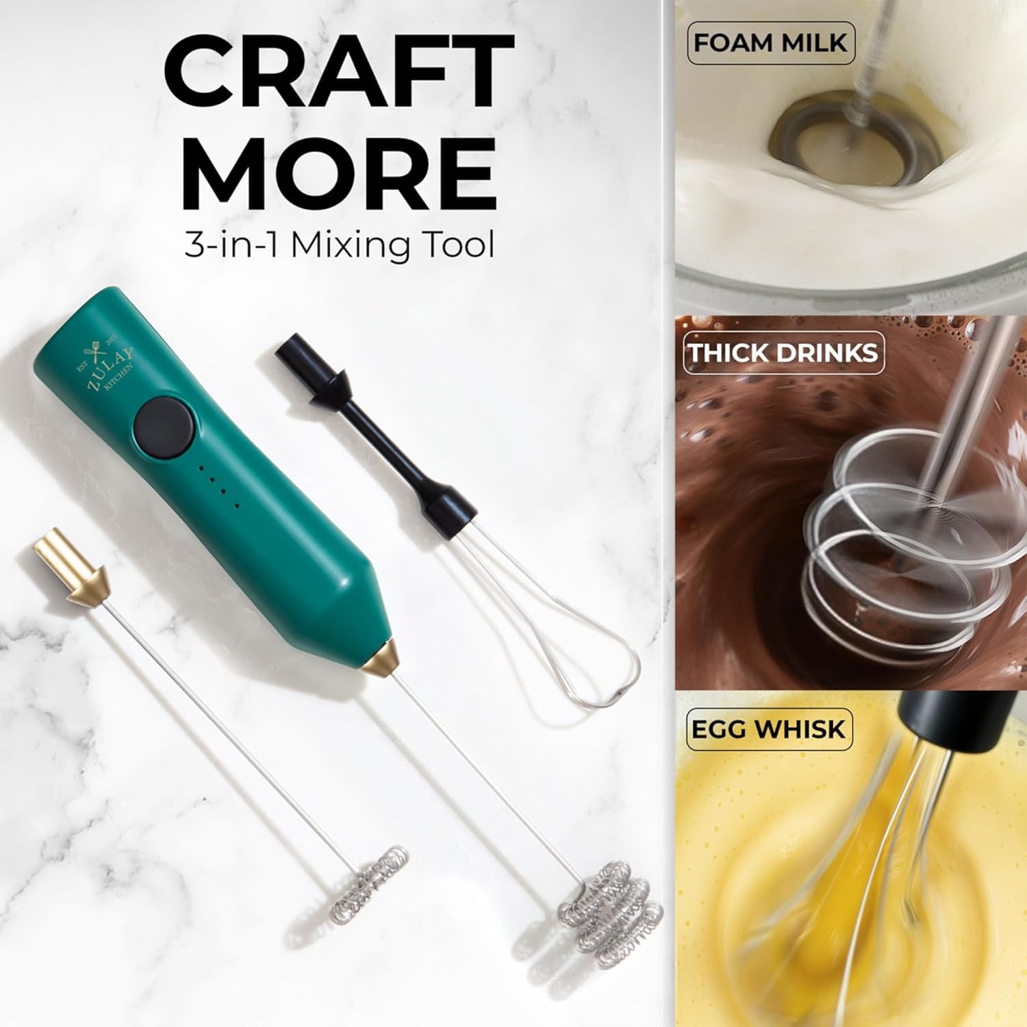 Zulay Kitchen Rechargeable Milk Frother - 3 Speeds & 3 Whisk Attachments - USB Charging for Latte & Cappuccino - Green Gold