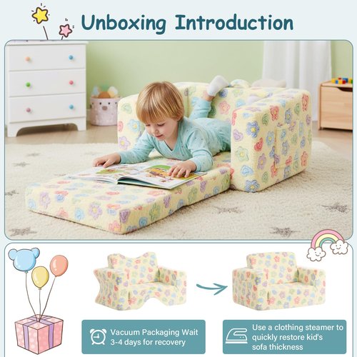 Tiita 2-in-1 Kids Sofa, Convertible Children Couch to Lounger, Flip Out Kids Chair, Toddler Armrest Chair Bed, Folding Kid Play Sofa for Girl or Boy, Flower