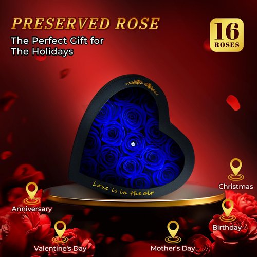 Vryblos Forever Blue Roses in a Box Heart Shaped 16 Preserved Flowers for Delivery Grade A Quality 100% Real Immortal Flower Eternal Birthday for Her Mom Women Wife Girlfriends (Heart-Blue)