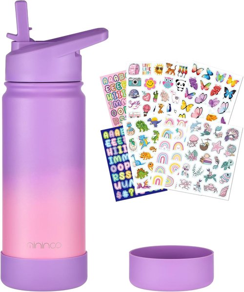 Mininoo Kids Water Bottle - 16oz Stainless Steel Insulated with Straw Lid | Purple/Pink for School