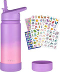 Mininoo Kids Water Bottle - 16oz Stainless Steel Insulated with Straw Lid | Purple/Pink for School