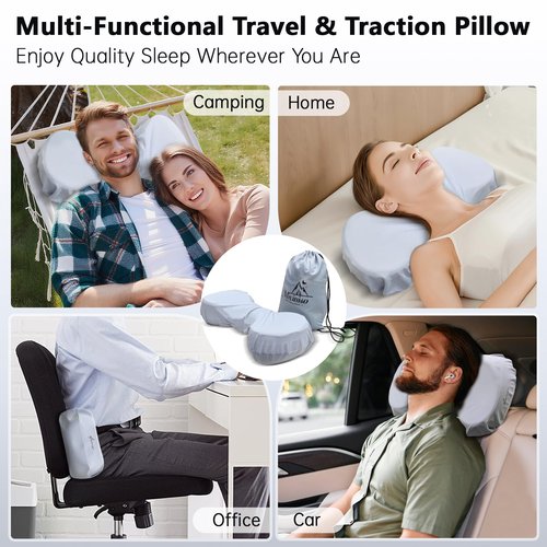 Mixiniso Cervical Neck Pillows for Tension Muscle Relief, Neck Roll Pillow for Side Sleepers, Camping & Travel Neck Support Memory Foam Pillow, Cervical Traction Device with Storage Bag