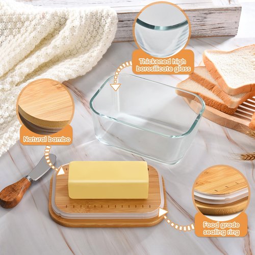 HEKEIEON Glass Butter Dish With Sealed Lid - Large Tray for Refrigerator and Outdoor Use - Dishwasher Safe