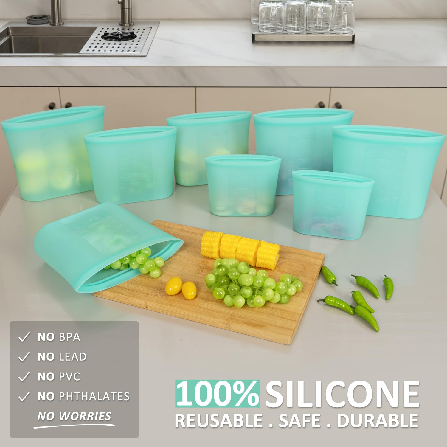 Annaklin Reusable Food Bags, 8 Pack 100% Silicone Food Storage Bags Stand Up Zip Lock Container, Freezer Microwave Oven Dishwasher Safe, 4 Medium 2 Small 2 Extra Small, Aqua