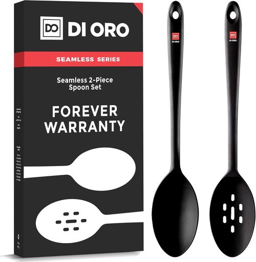 DI ORO Silicone Cooking Spoons - Heat-Resistant Kitchen Utensils for Mixing & Serving - 600°F, 2pc Black