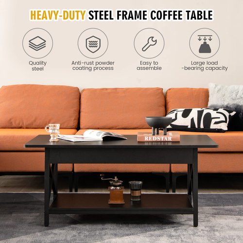 COSTWAY Industrial Coffee Table, 2-Tier Wood Cocktail Tea Table with Storage Shelf and X-Shape Steel Frame, Rectangle Sofa Side Accent Table for Living Room Home Office, Black